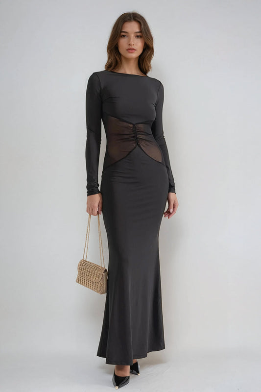 Long Sleeve Maxi Dress with Sheer Ruched Waist - Black