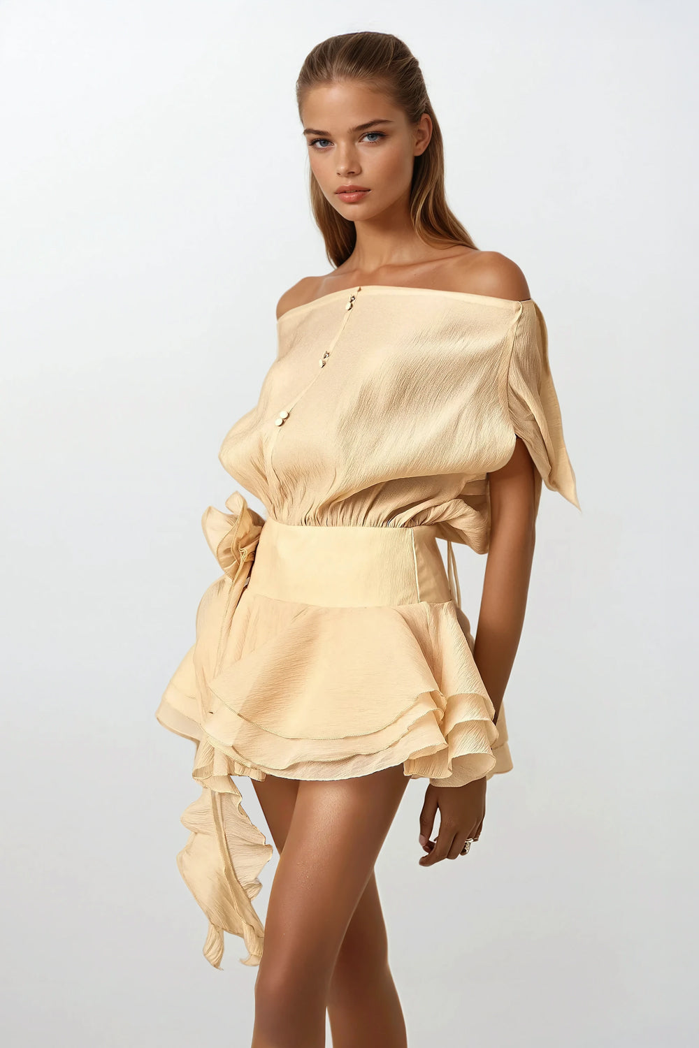 Boat Neckline Ruffled Mini Dress - Beige