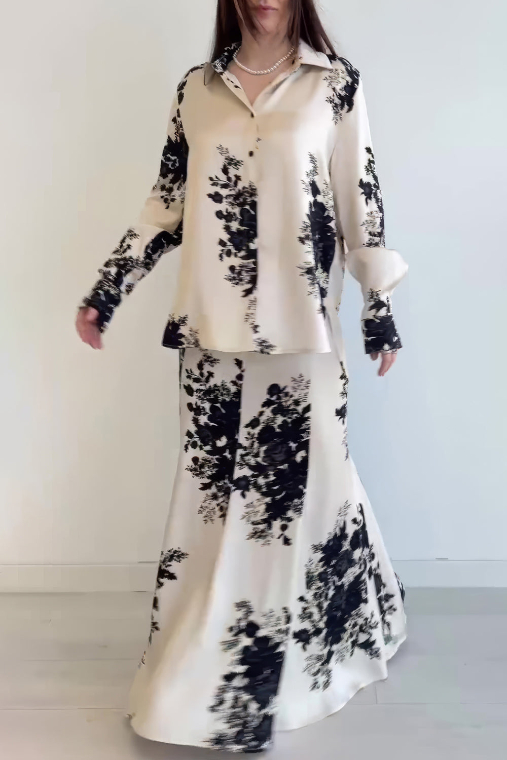 Floral Print Button-Up with Long Skirt Co-Ord Set