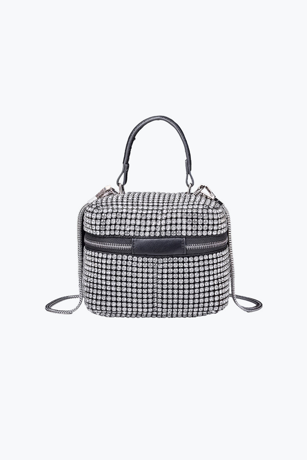 Boxy Crystal Handle Bag with Chain Strap and Zipper Lock