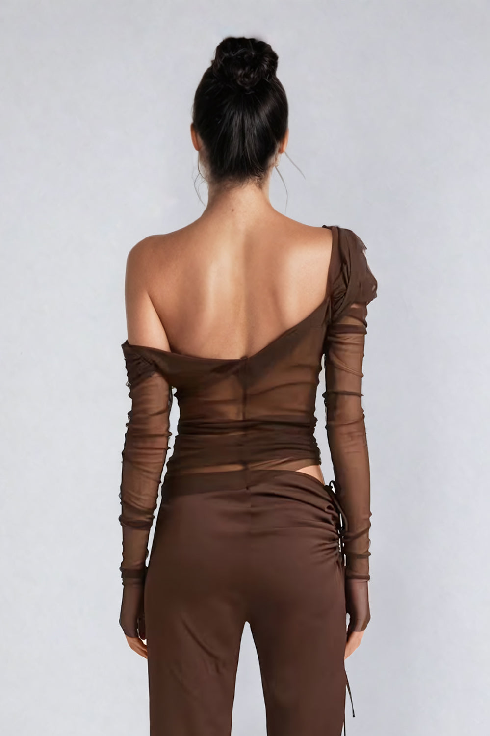 Long Sleeve Mesh Ruched Off-Shoulder Top - Brown