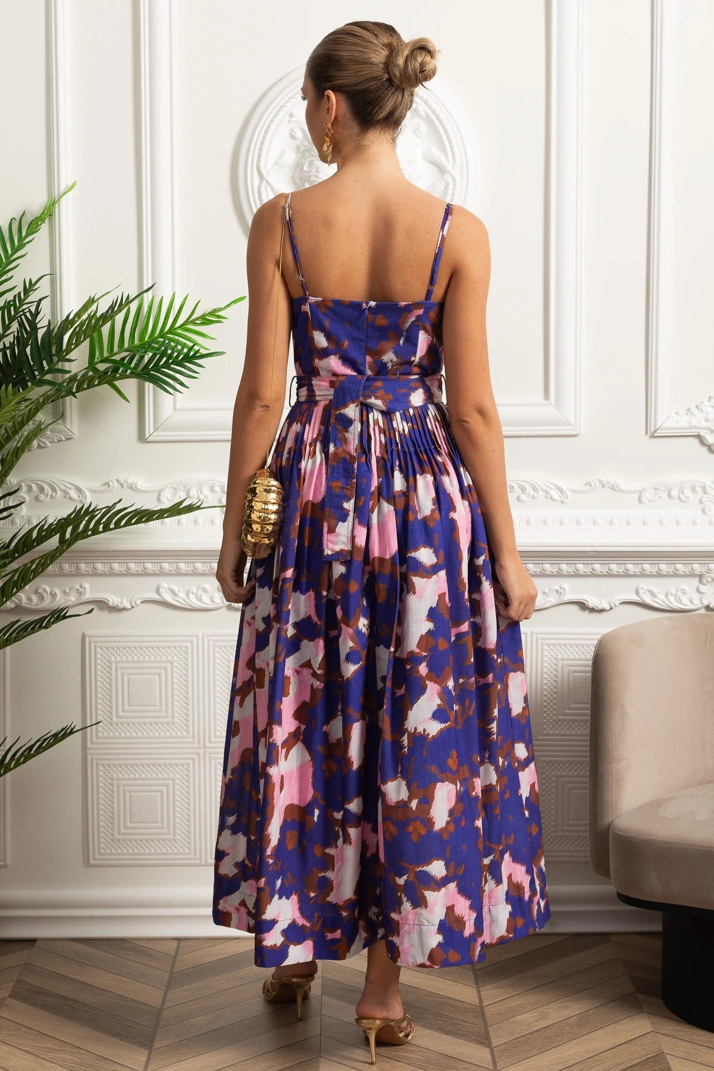 Structured Midi Dress With Pleated Skirt and Belt Detail - Purple