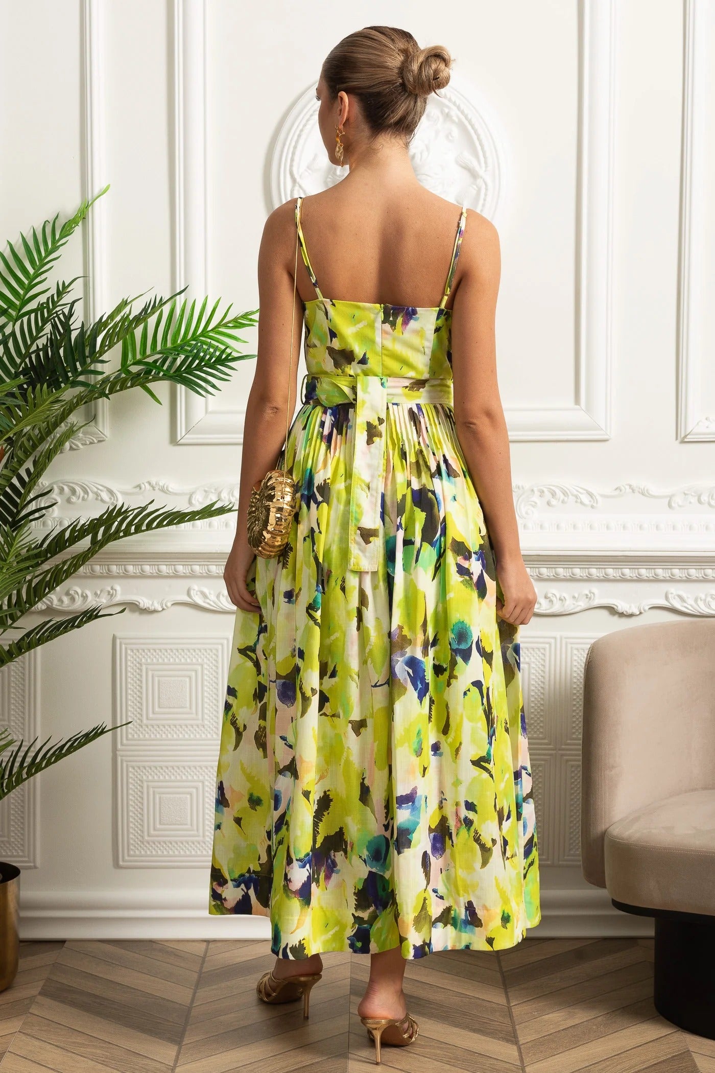 Structured Midi Dress With Pleated Skirt and Belt Detail - Yellow