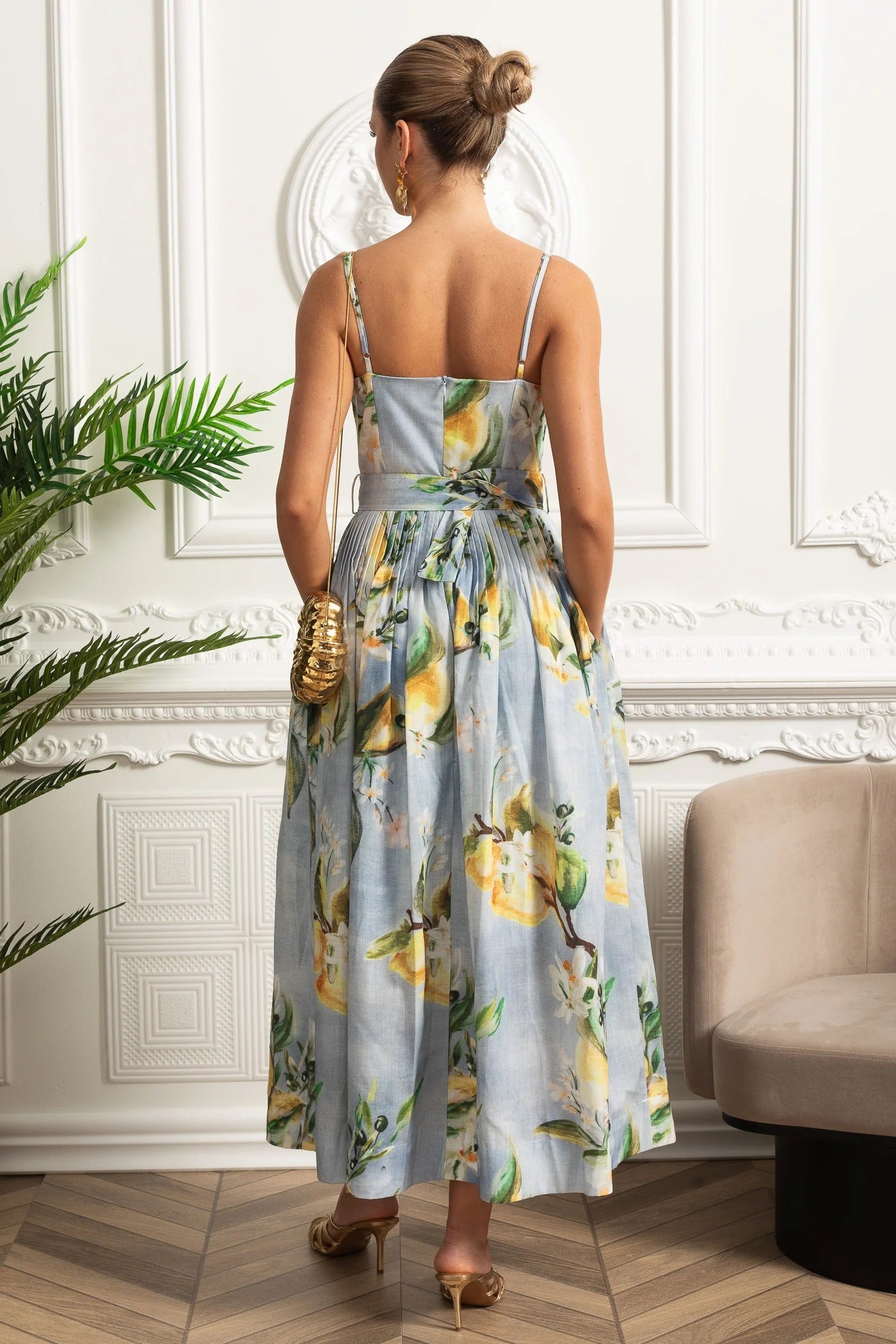 Structured Midi Dress With Pleated Skirt and Belt Detail - Blue
