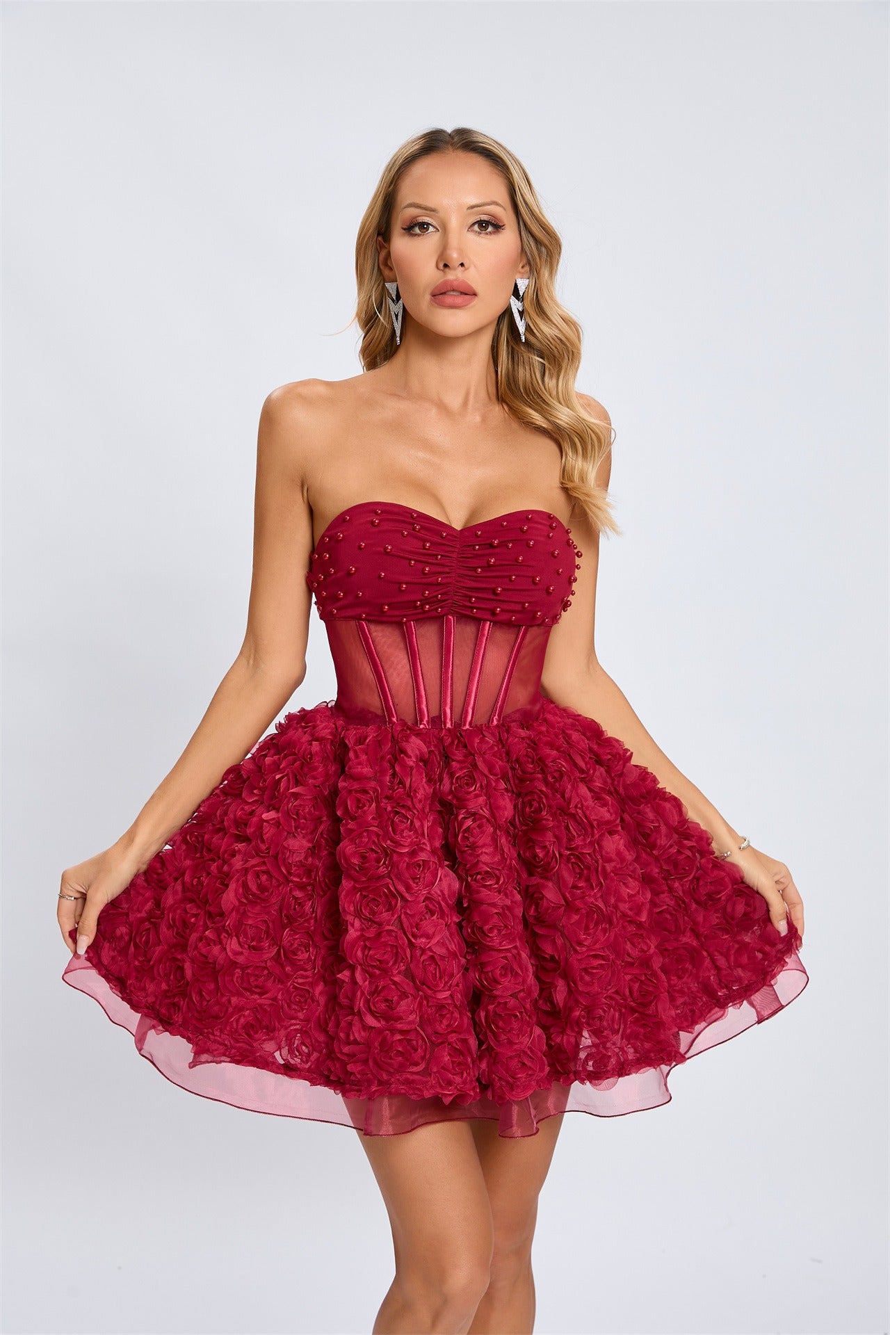Strapless Mini Dress with Sheer Waist and Rosette Skirt - Red