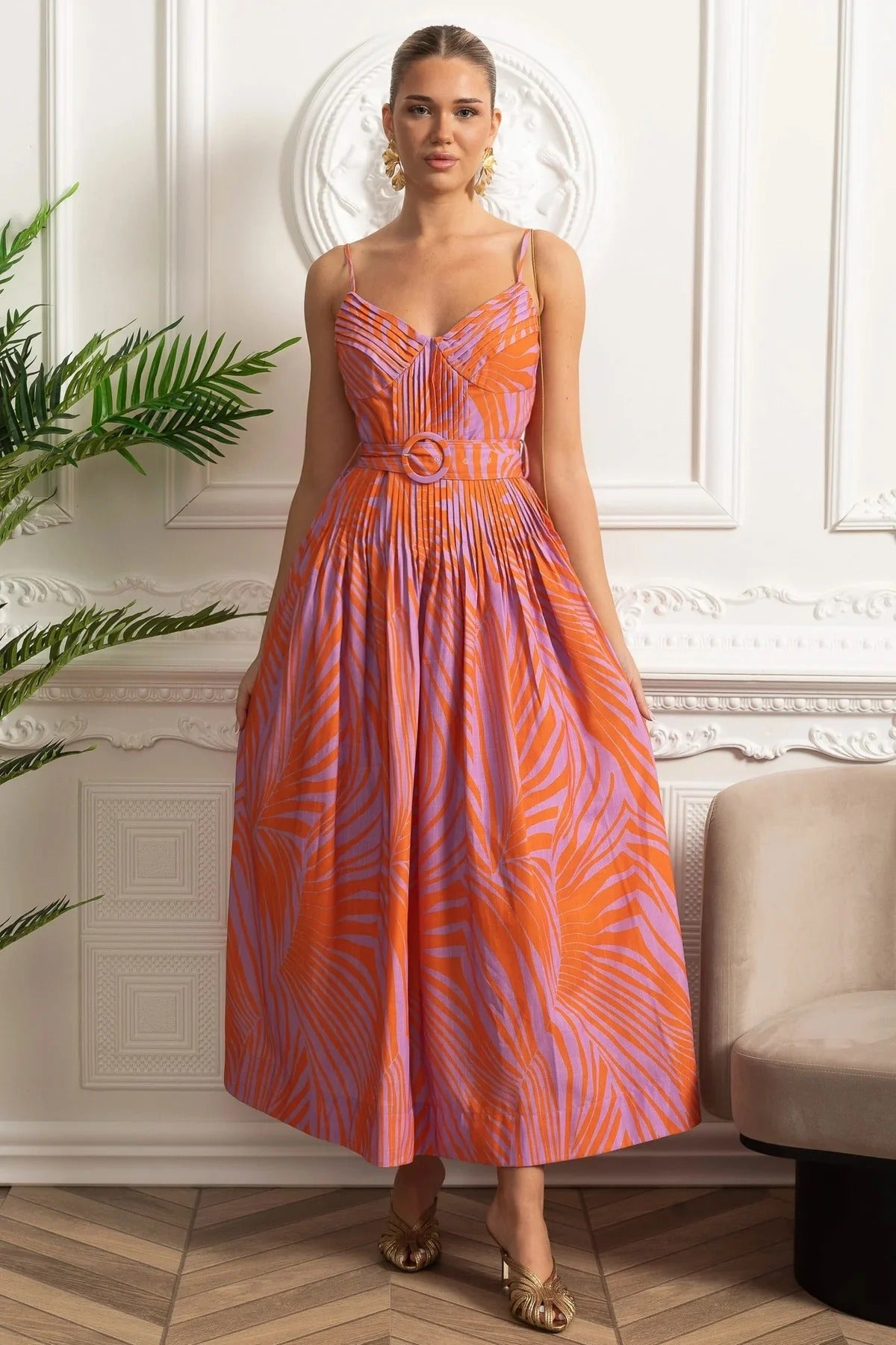 Structured Midi Dress With Pleated Skirt and Belt Detail - Orange