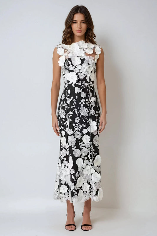 Floral Embellished Sleeveless Midi Dress - Black