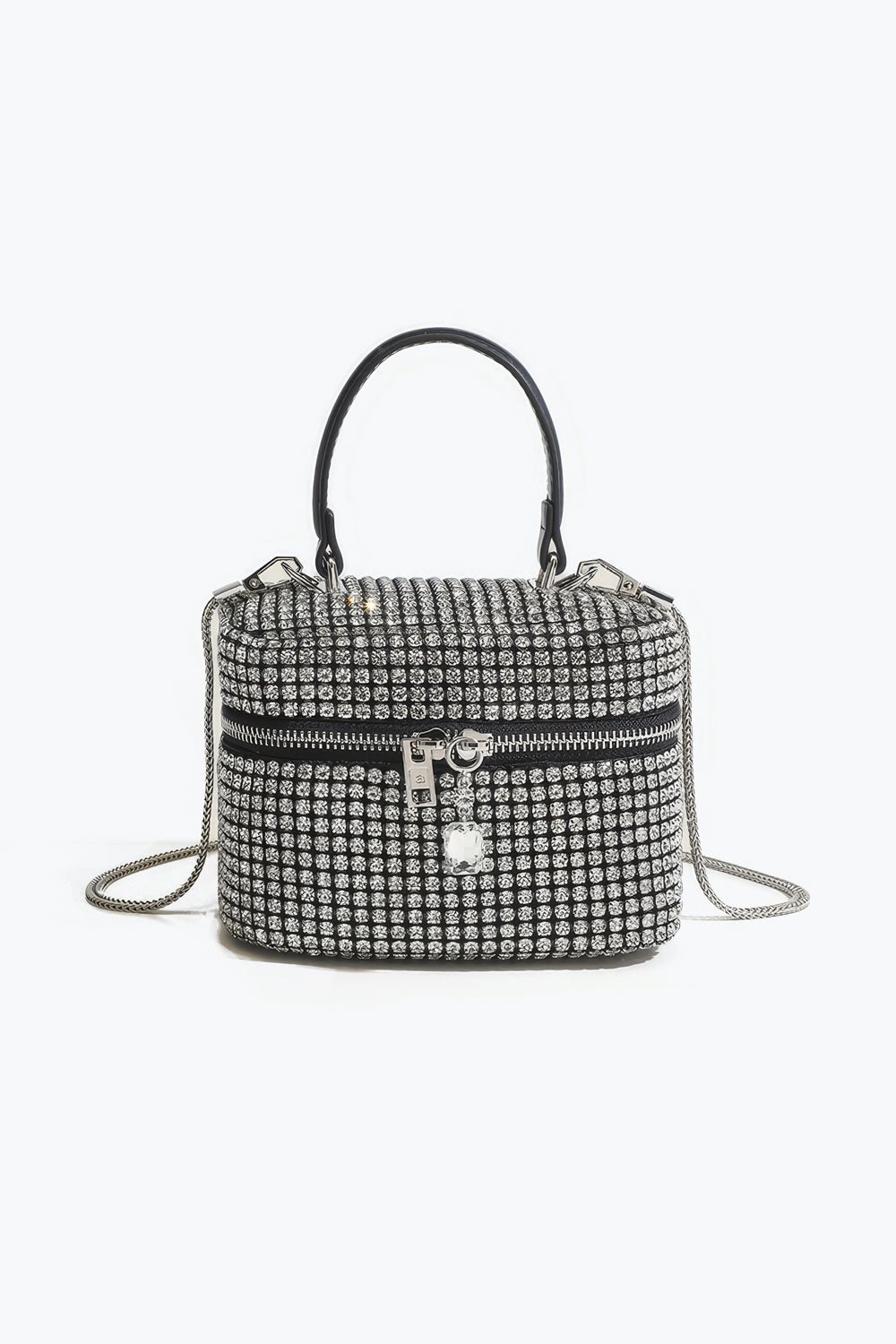 Boxy Crystal Handle Bag with Chain Strap and Zipper Lock