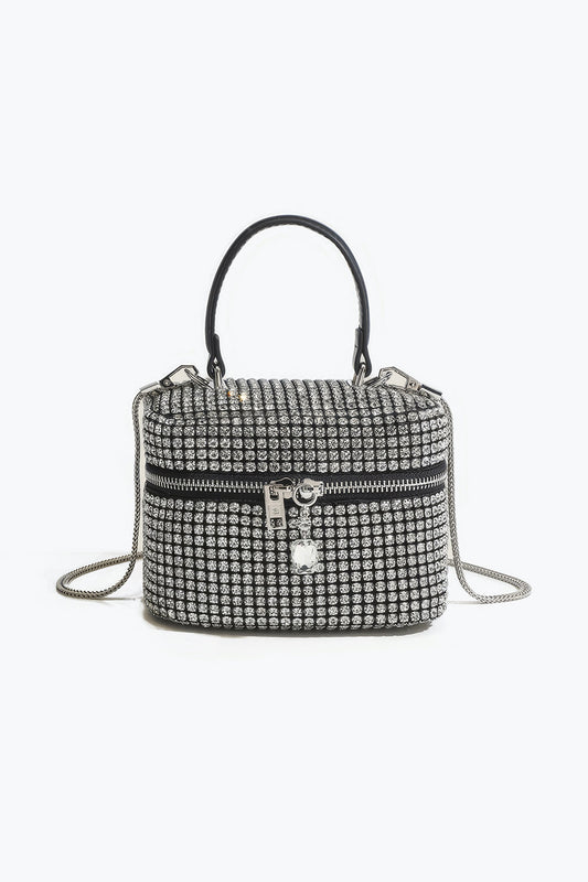 Boxy Crystal Handle Bag with Chain Strap and Zipper Lock