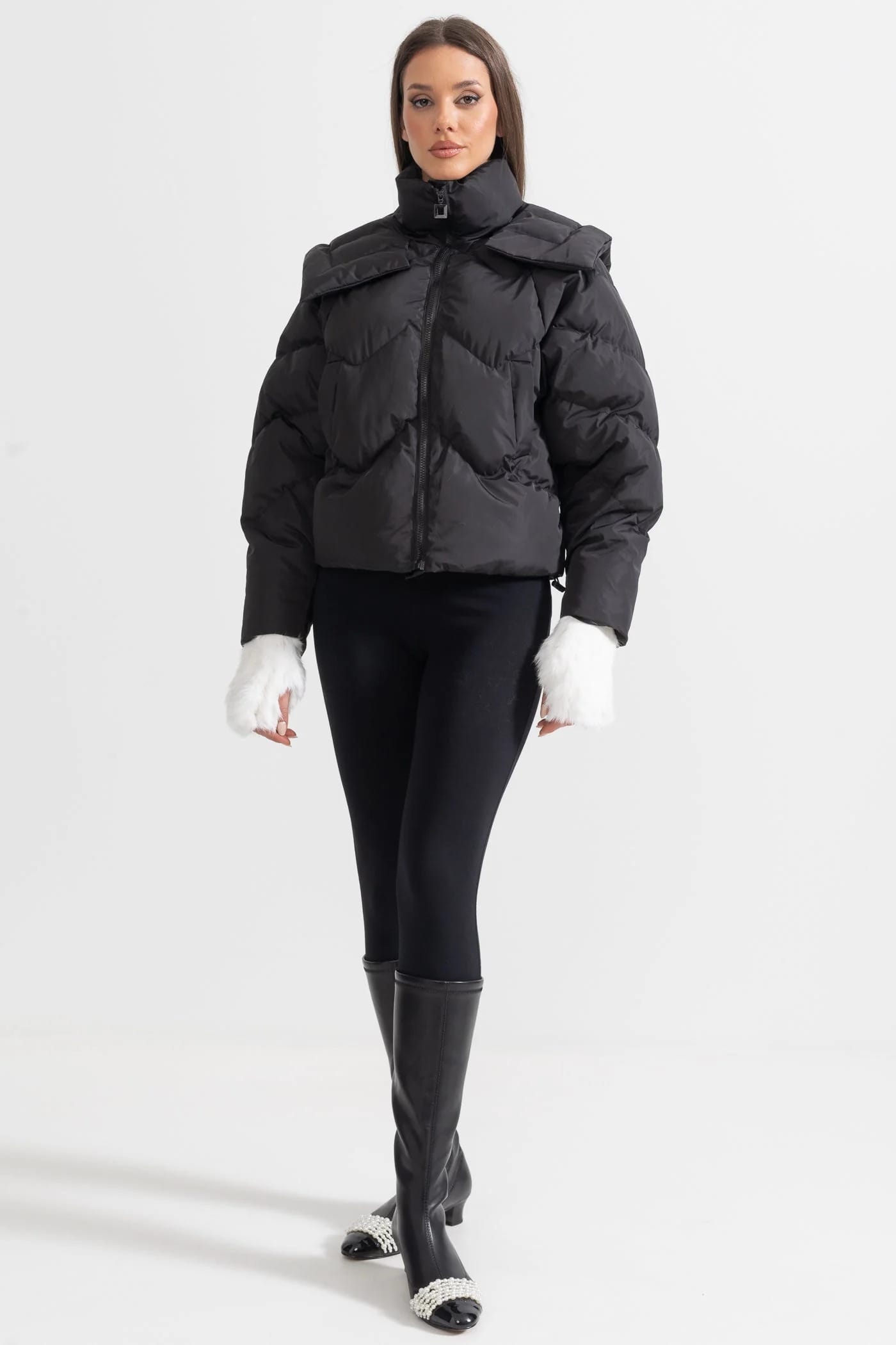 Puffer Jacket with Structured Shoulders - Black