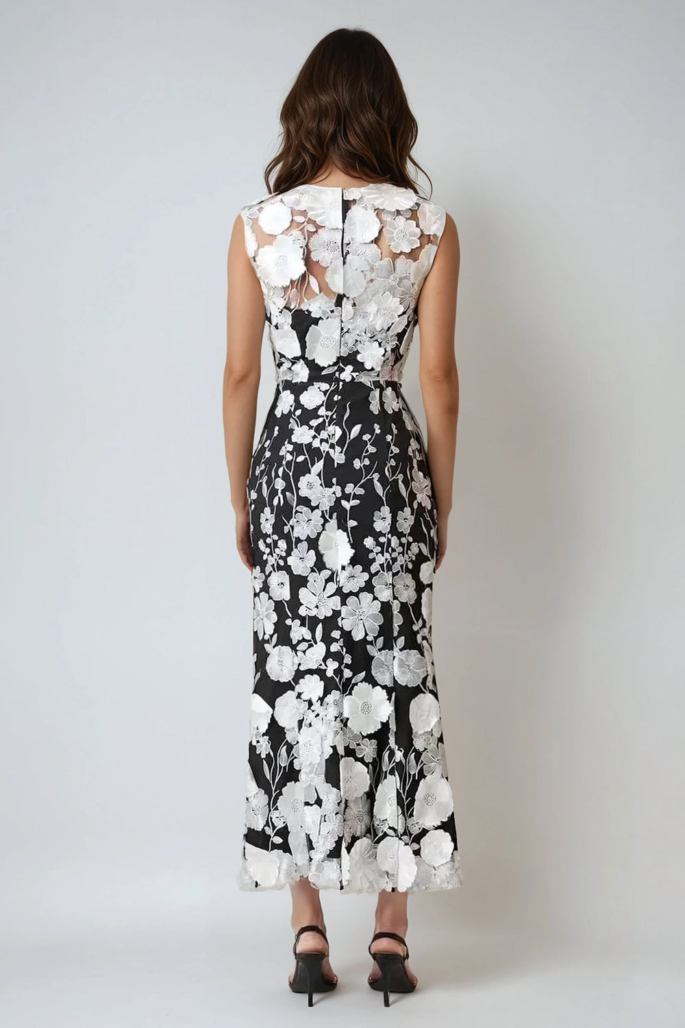 Floral Embellished Sleeveless Midi Dress - Black