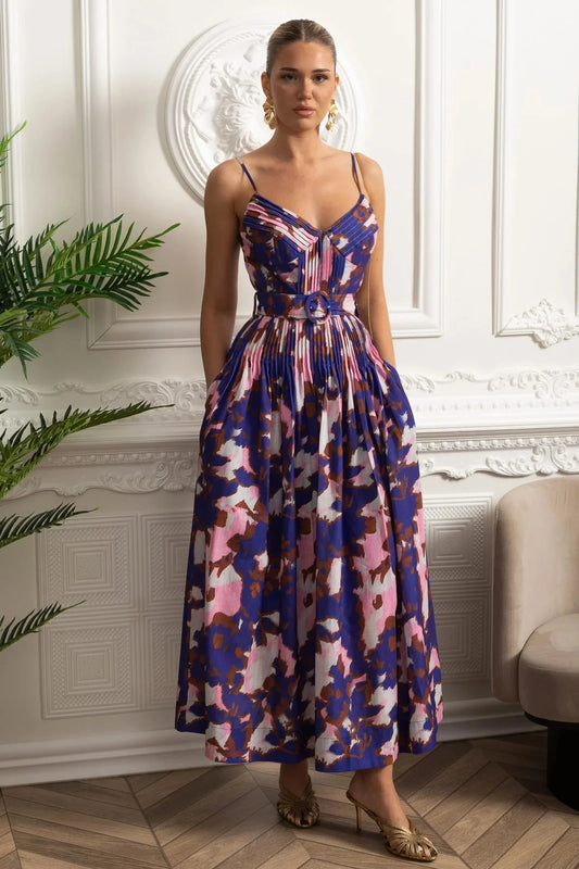 Structured Midi Dress With Pleated Skirt and Belt Detail - Purple
