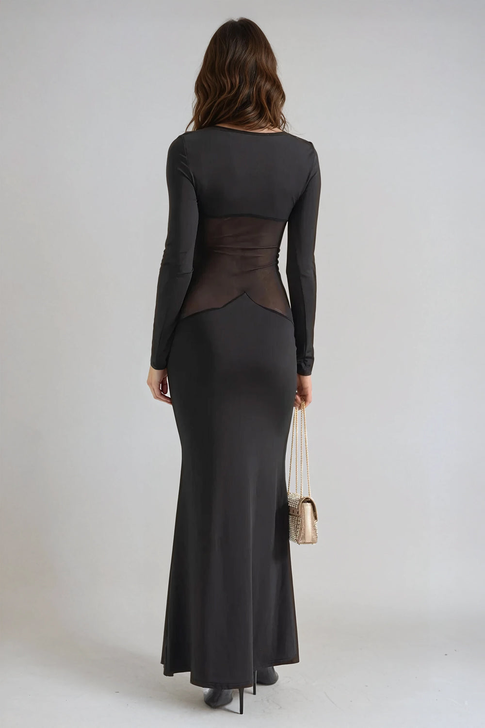 Long Sleeve Maxi Dress with Sheer Ruched Waist - Black