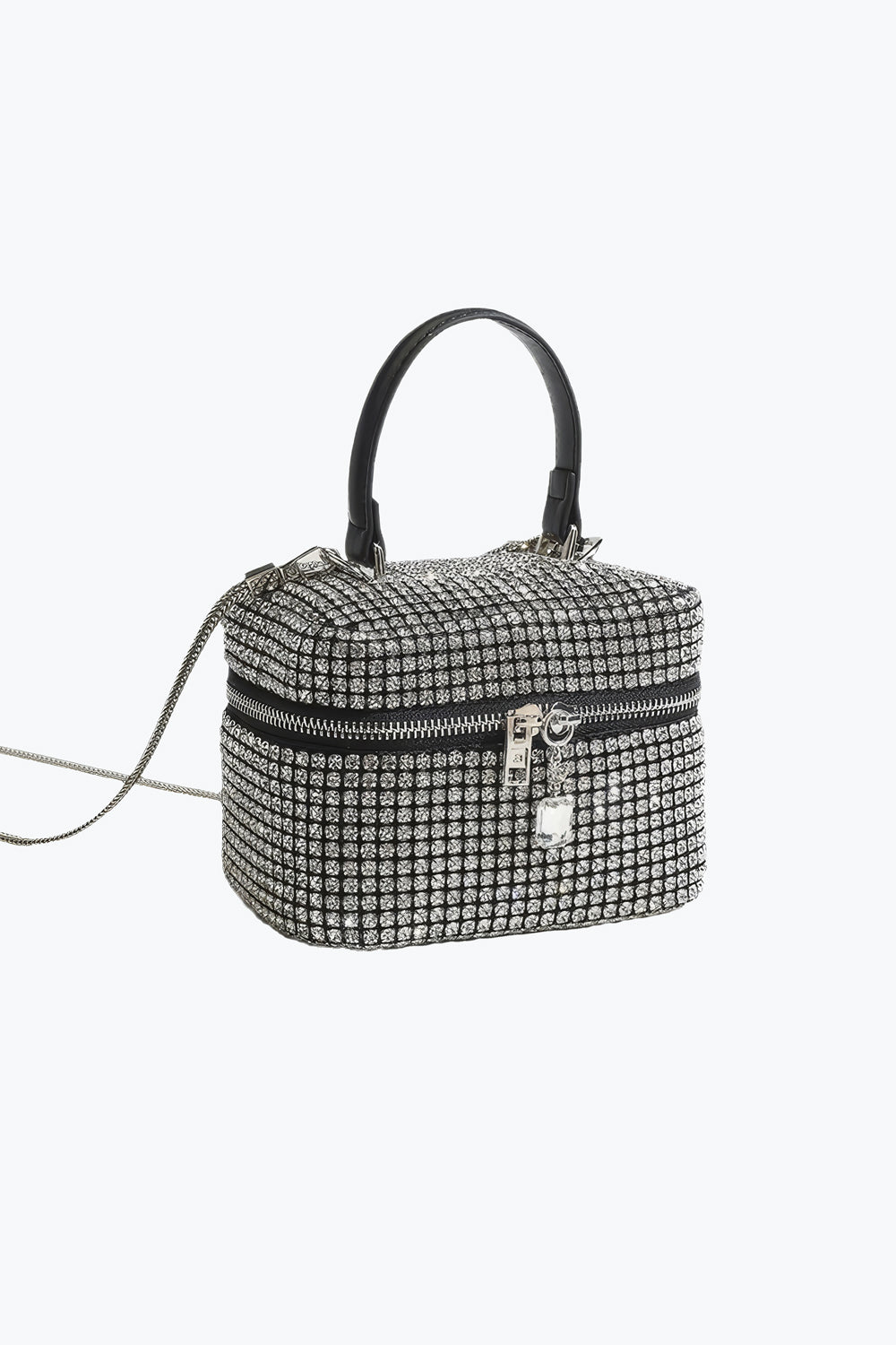 Boxy Crystal Handle Bag with Chain Strap and Zipper Lock