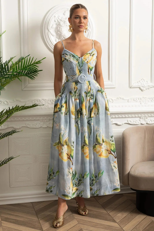 Structured Midi Dress With Pleated Skirt and Belt Detail - Blue
