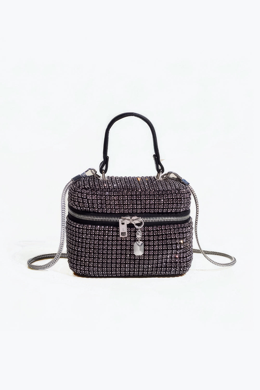 Boxy Crystal Handle Bag with Chain Strap and Zipper Lock