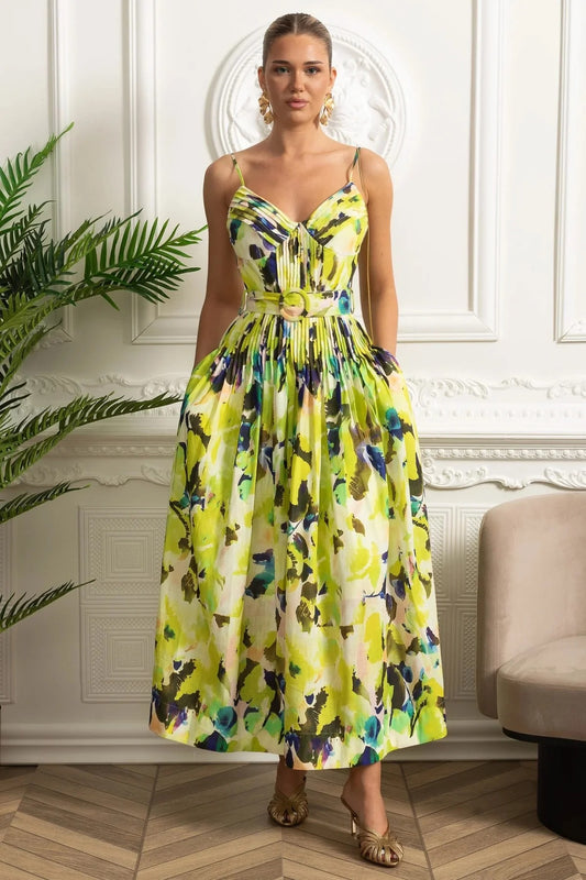 Structured Midi Dress With Pleated Skirt and Belt Detail - Yellow