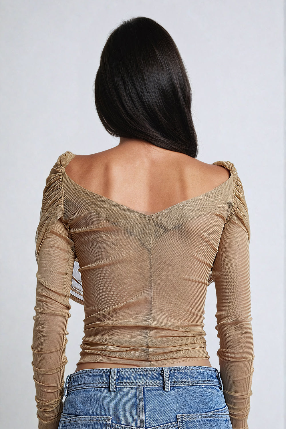 Long Sleeve Mesh Ruched Off-Shoulder Top - Beige