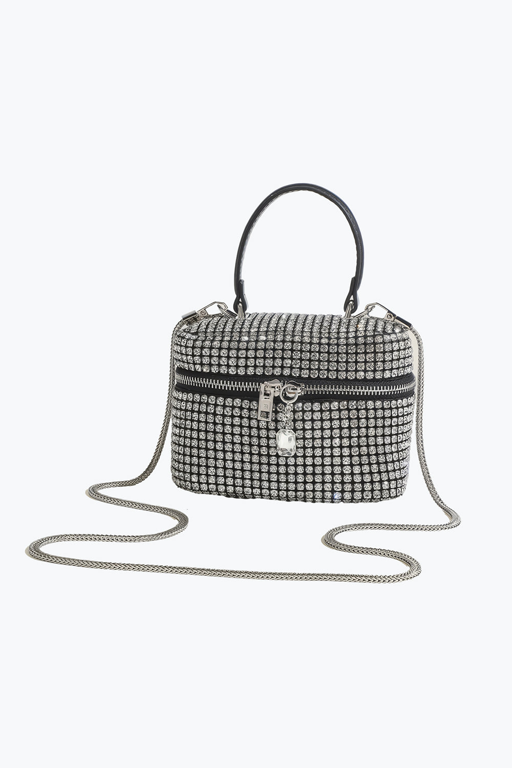 Boxy Crystal Handle Bag with Chain Strap and Zipper Lock