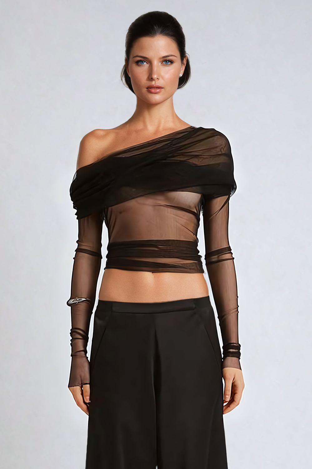 Long Sleeve Mesh Ruched Off-Shoulder Top - Black