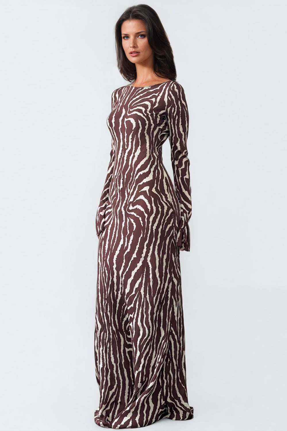 Long-Sleeve Floral Maxi Dress - Brown