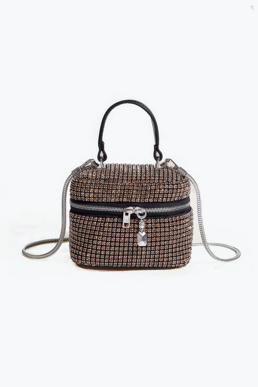 Boxy Crystal Handle Bag with Chain Strap and Zipper Lock