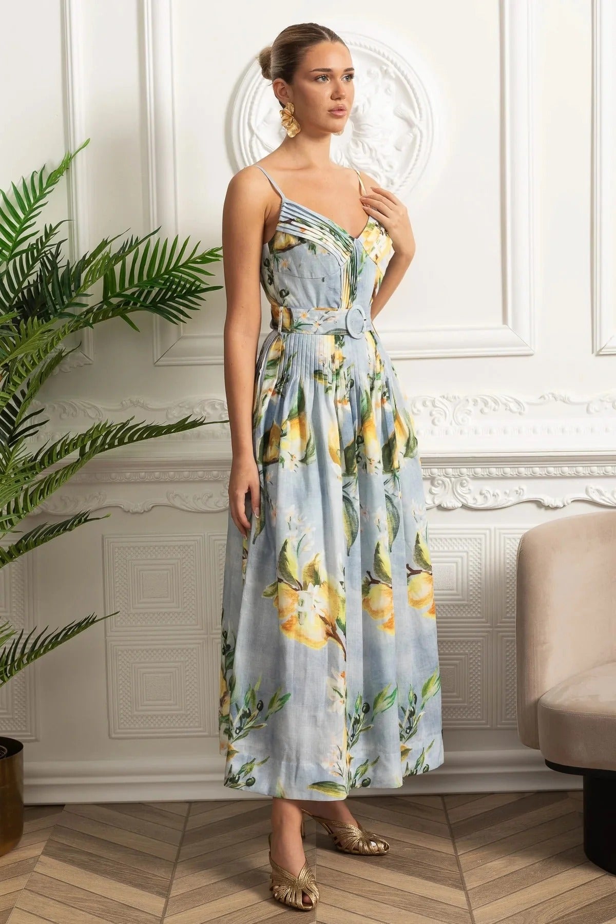 Structured Midi Dress With Pleated Skirt and Belt Detail - Blue