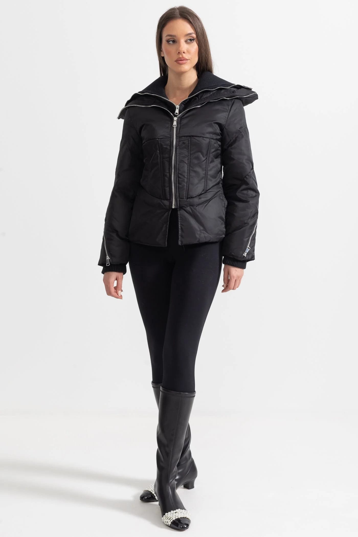 Puffer Jacket with Structured Shoulders - Black