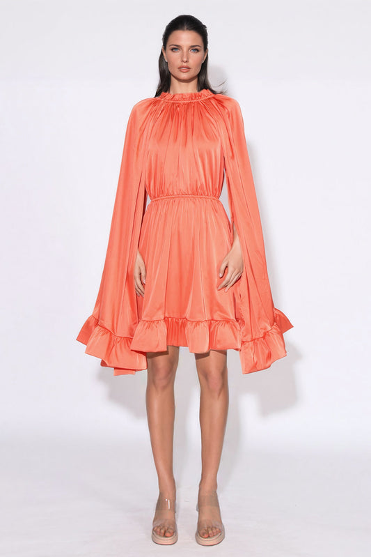 Oversized Long Sleeve Ruffled Mini Dress - Orange