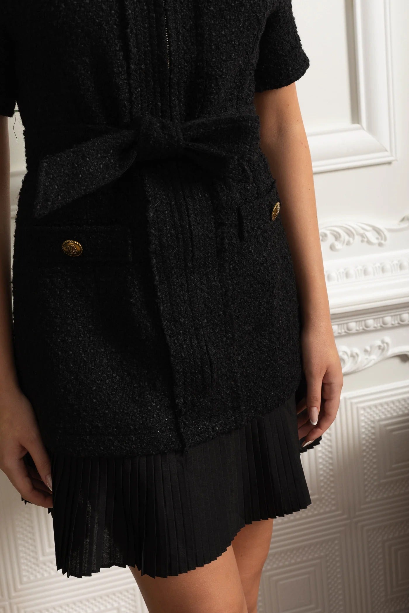 Short-Sleeved Belted Bouclé Mini Dress with Pleated Hem - Black