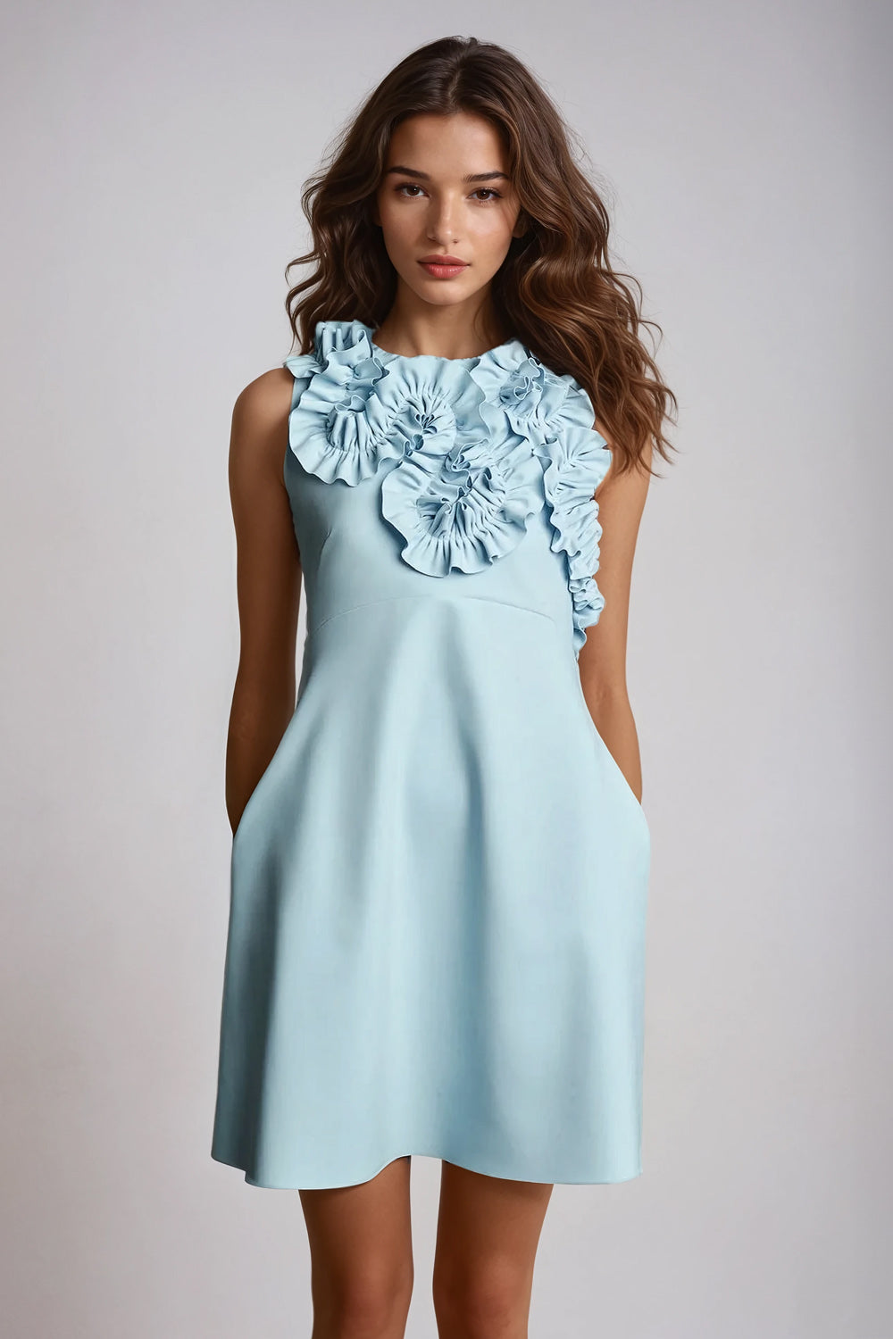 Sleeveless Mini Dress with 3D Floral Detail - Blue