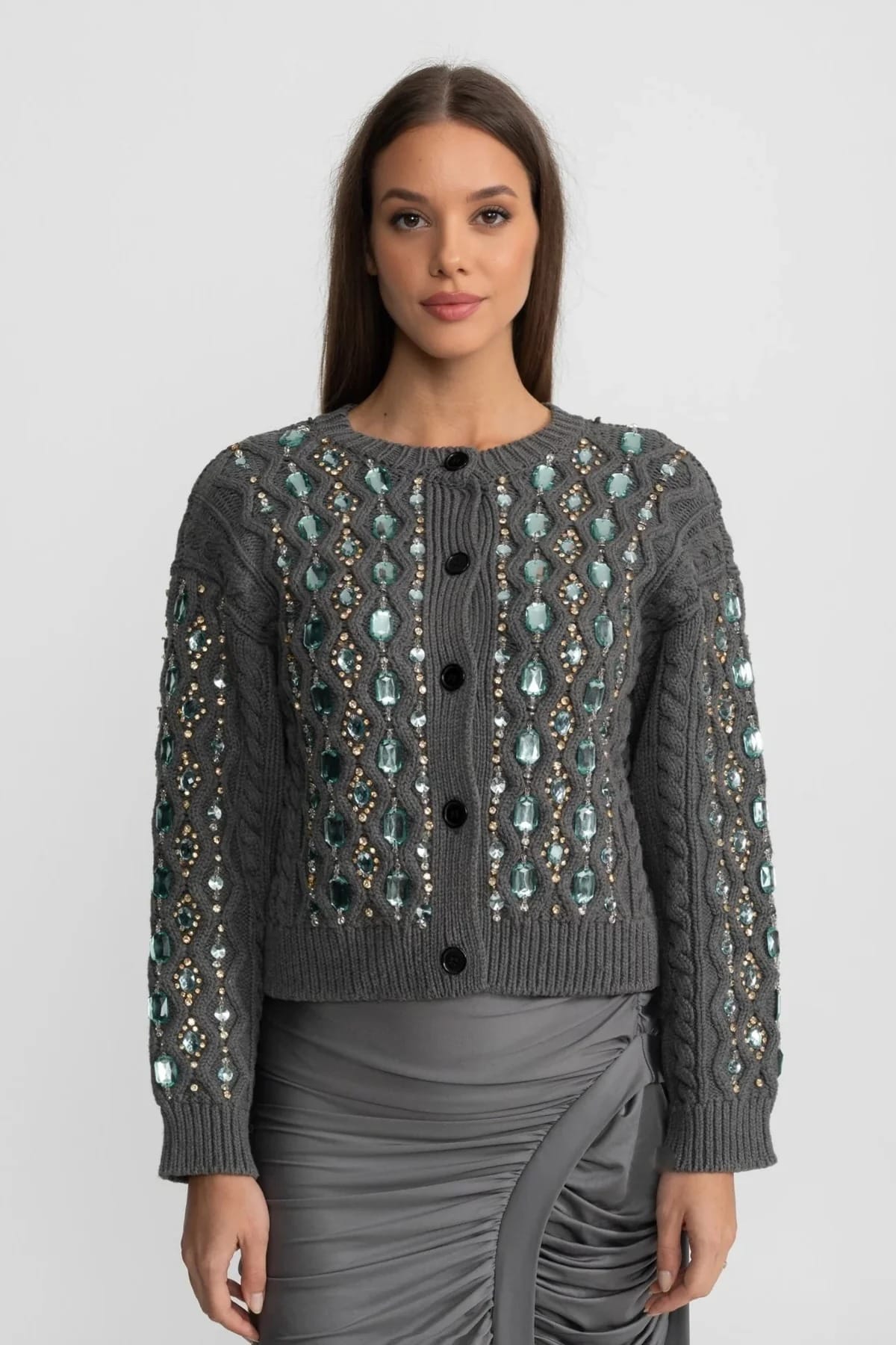 Knitted Cardigan with Gem Accents - Gray