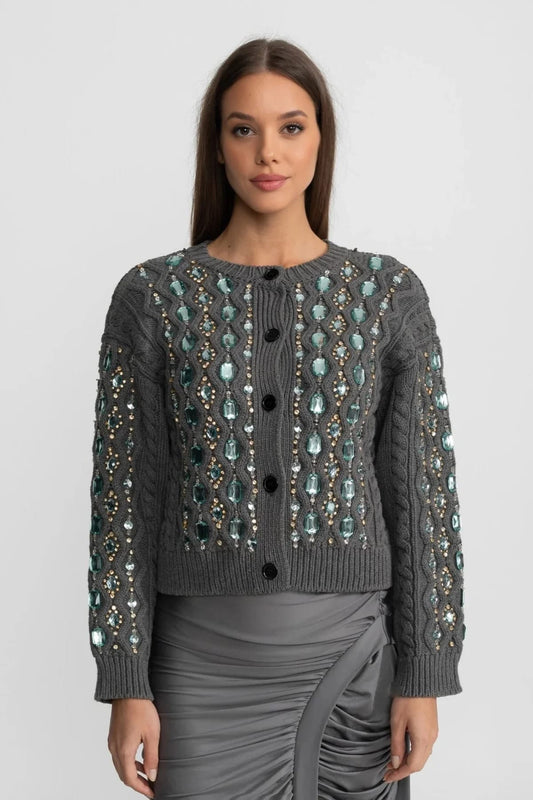 Knitted Cardigan with Gem Accents - Gray