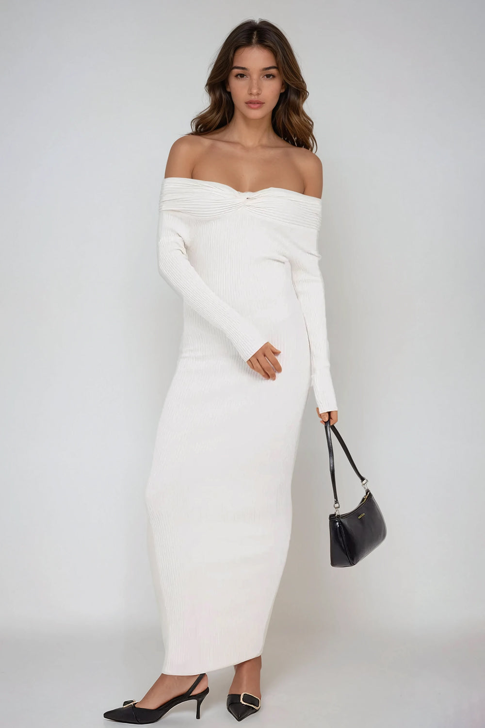 Off-Shoulder Long Sleeve Bodycon Maxi Dress - White