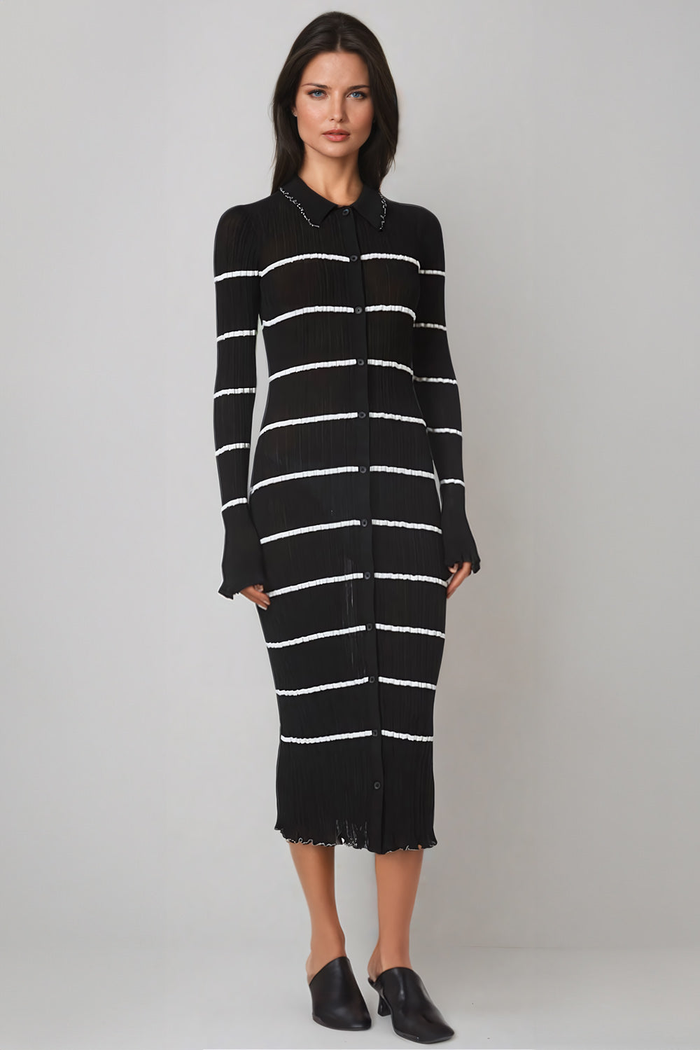 Striped Button-Front Midi Dress - Black