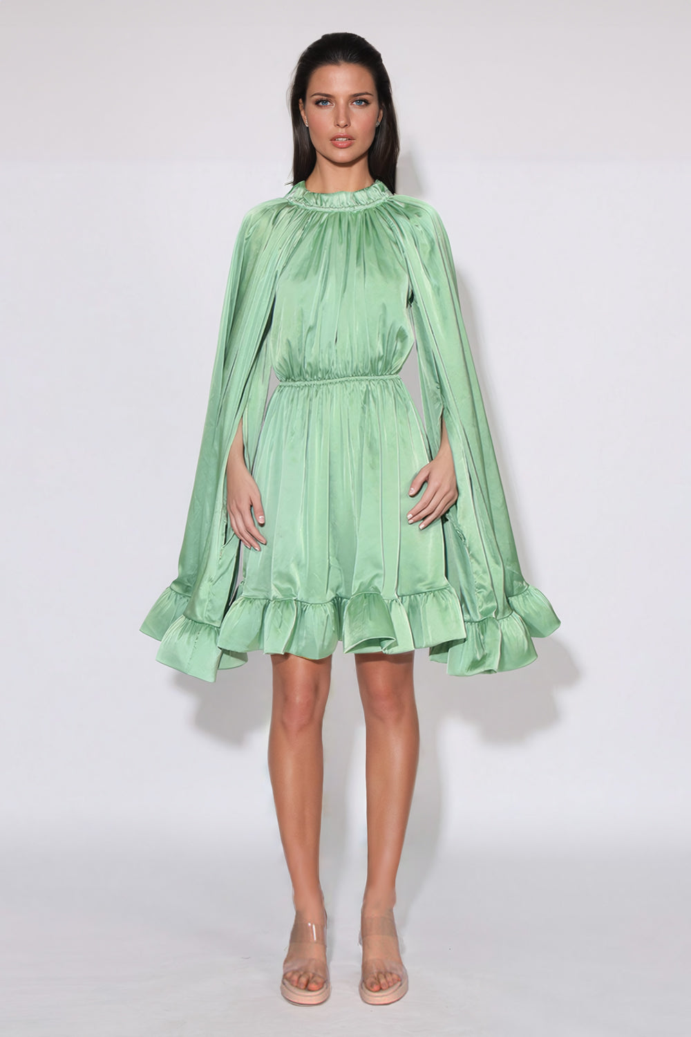 Oversized Long Sleeve Ruffled Mini Dress - Green