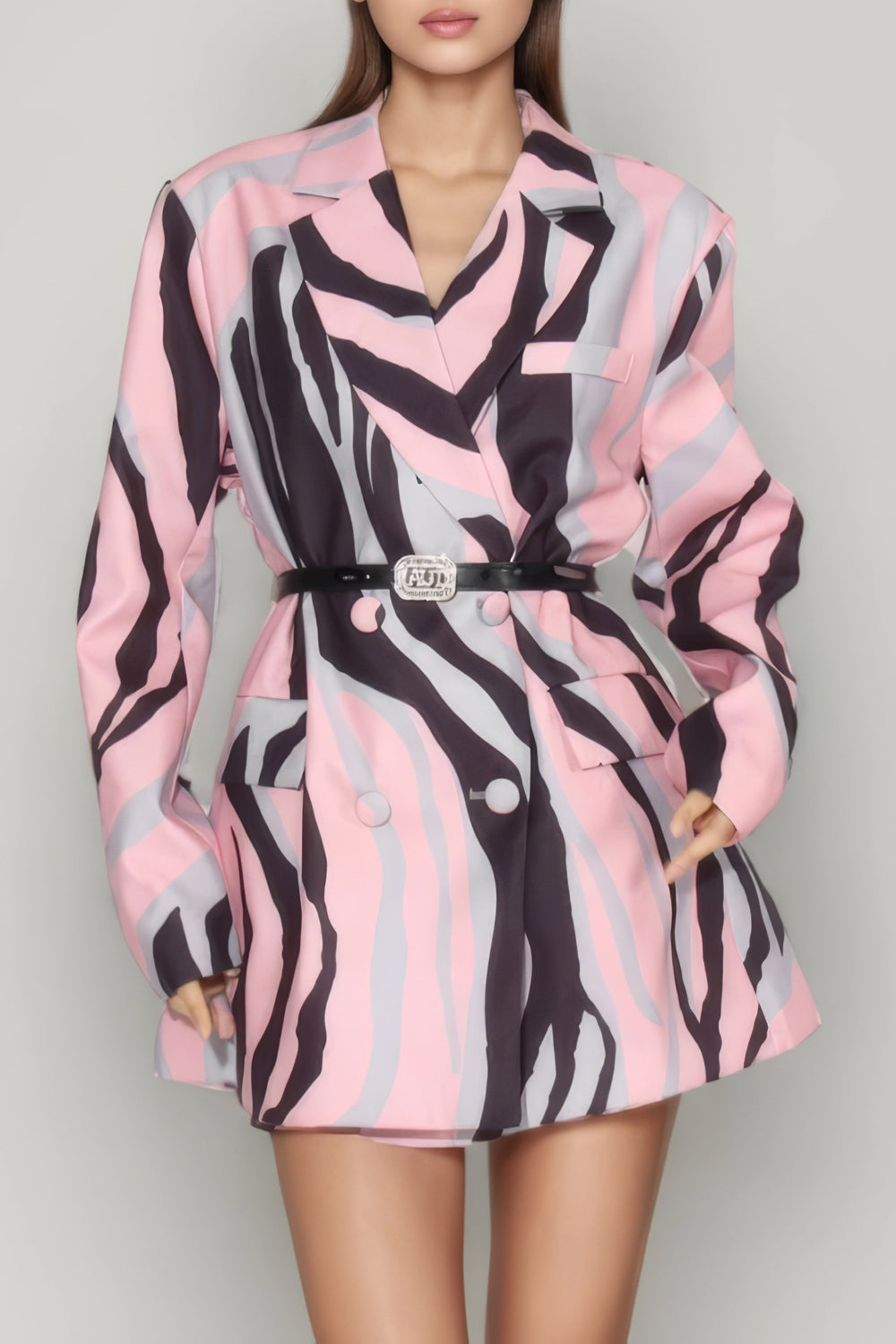 Printed Belted Blazer with Notched Collar