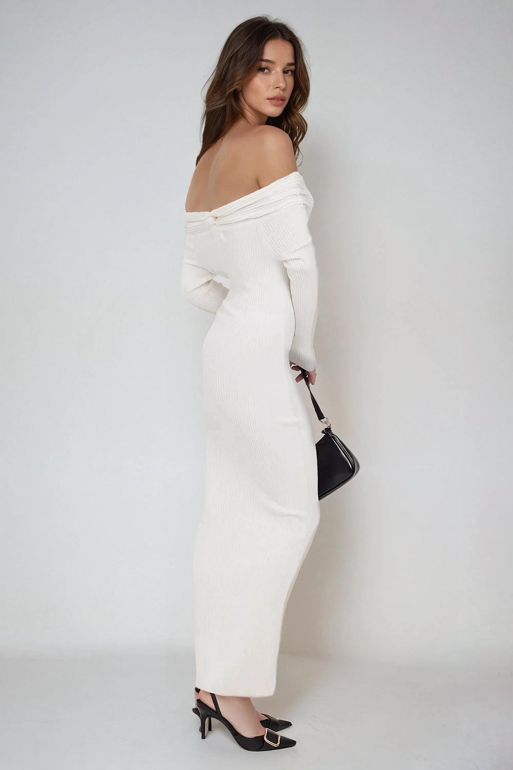 Off-Shoulder Long Sleeve Bodycon Maxi Dress - White