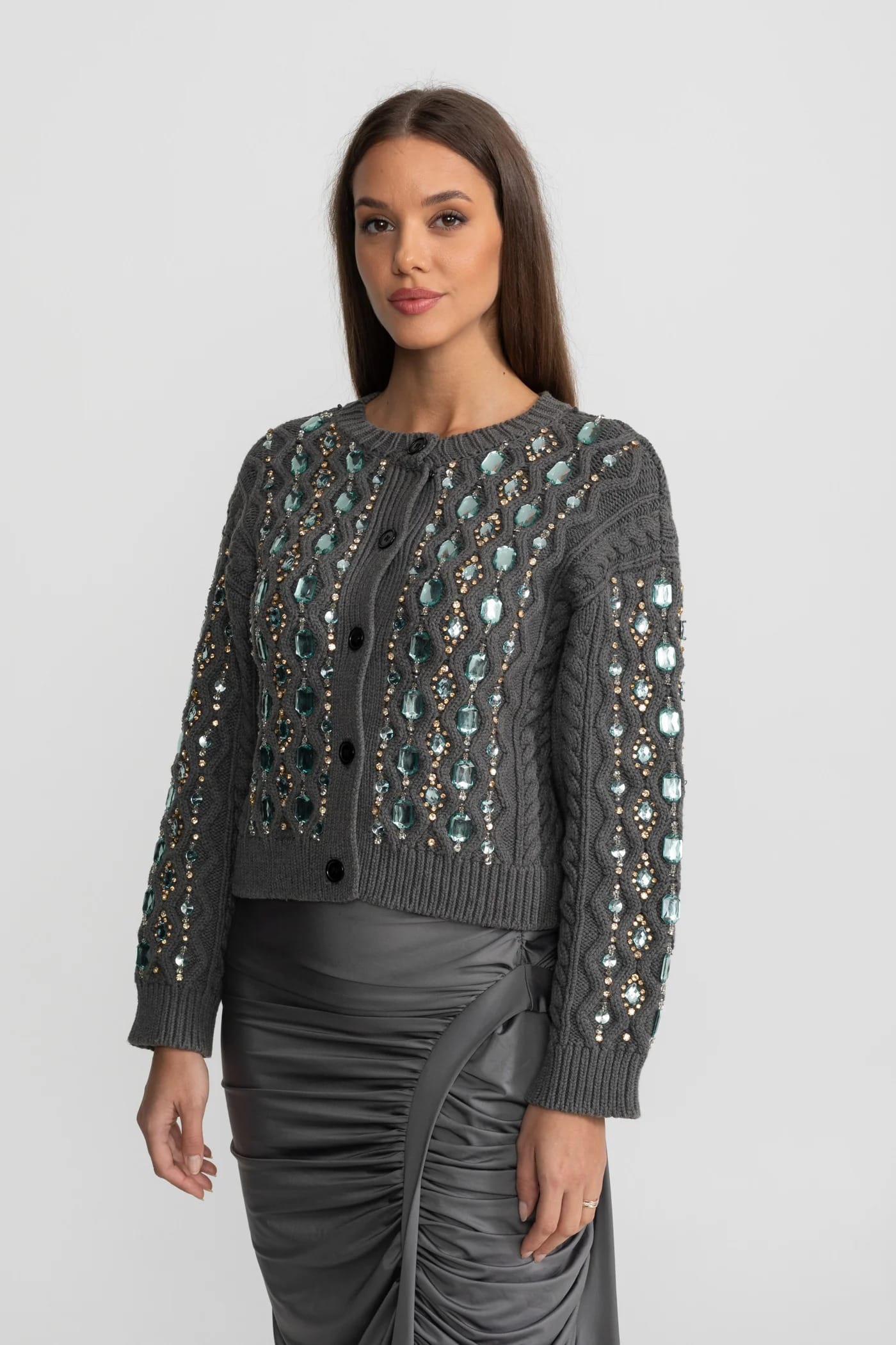 Knitted Cardigan with Gem Accents - Gray