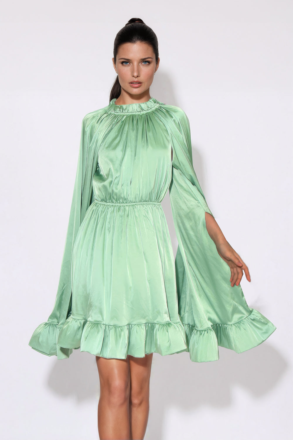 Oversized Long Sleeve Ruffled Mini Dress - Green