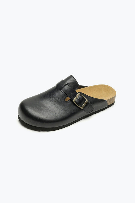 Slip-On Clog Sandals with Buckle Detail - Black