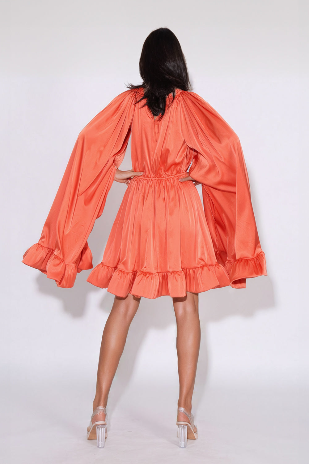 Oversized Long Sleeve Ruffled Mini Dress - Orange