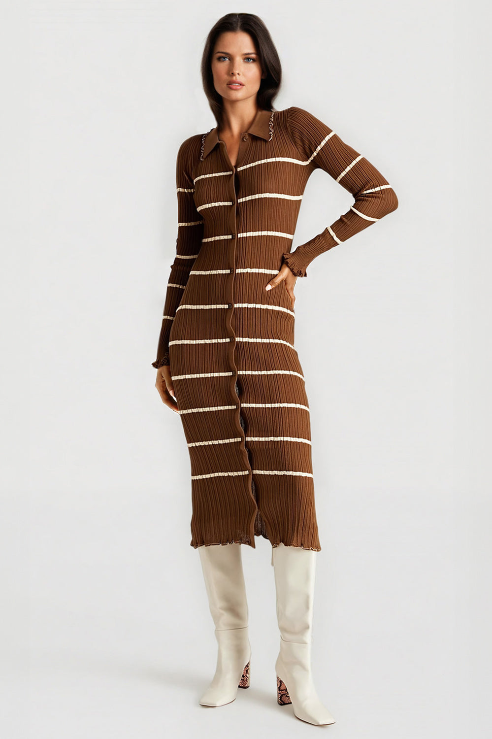 Striped Button-Front Midi Dress - Brown