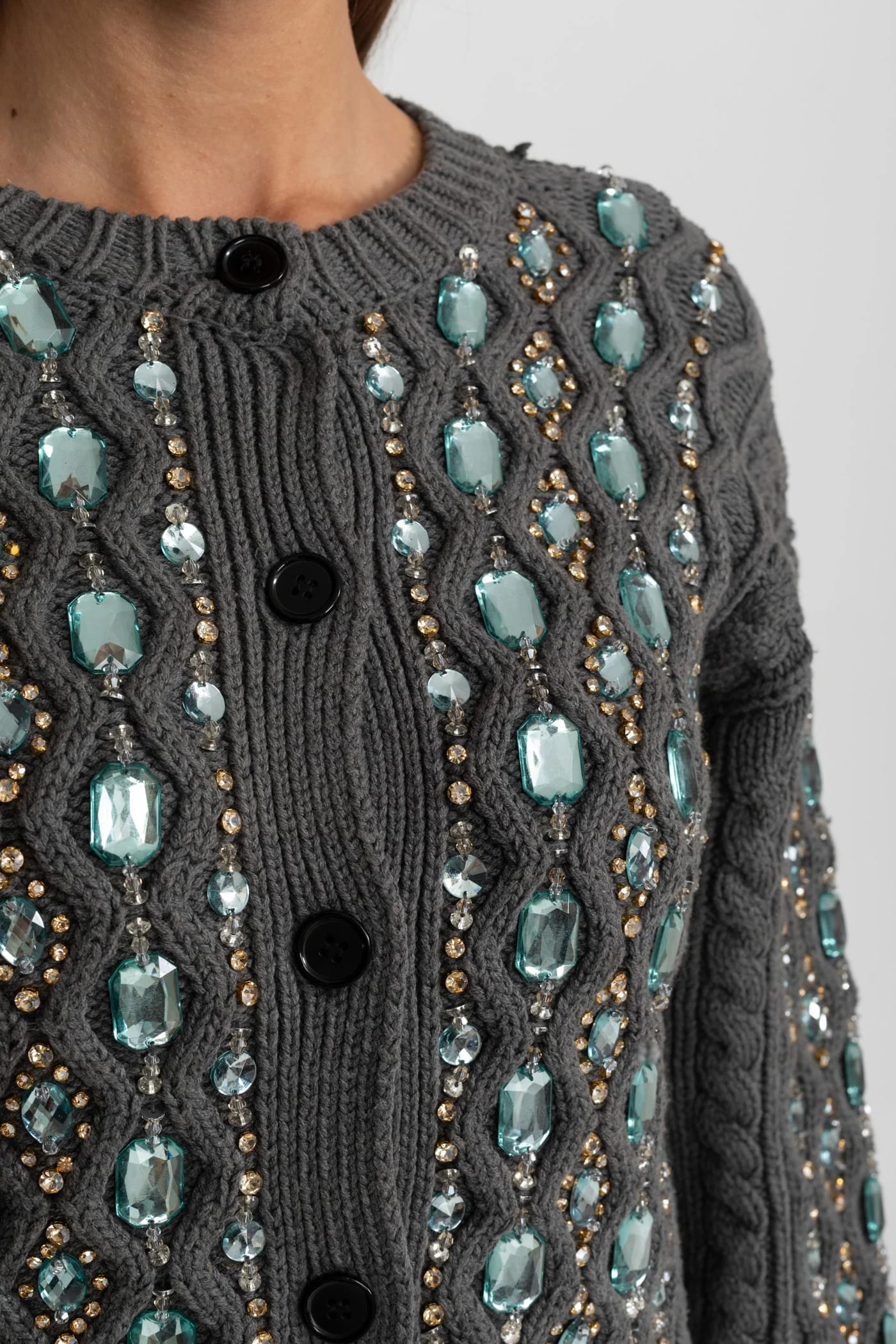 Knitted Cardigan with Gem Accents - Gray