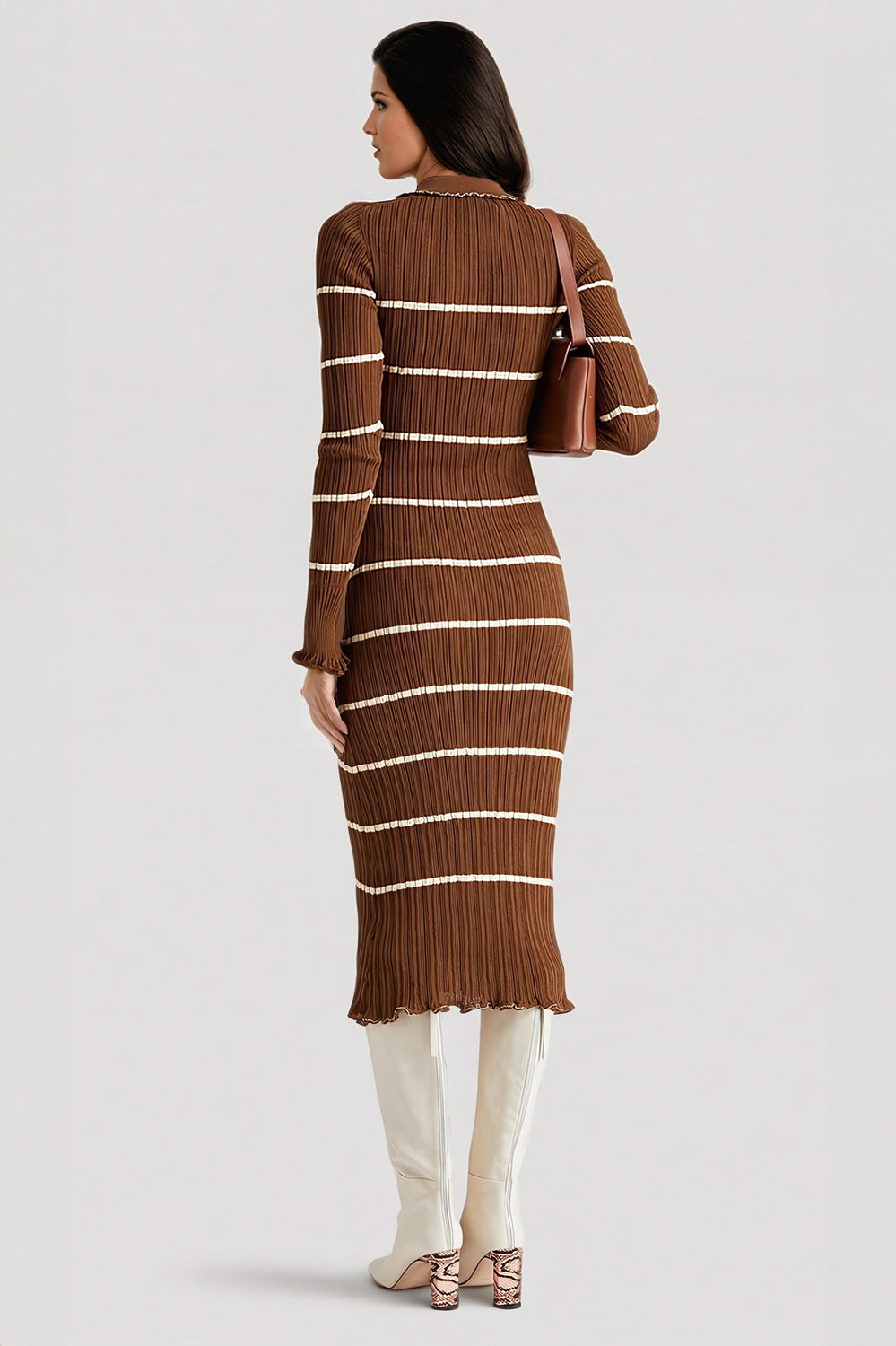 Striped Button-Front Midi Dress - Brown