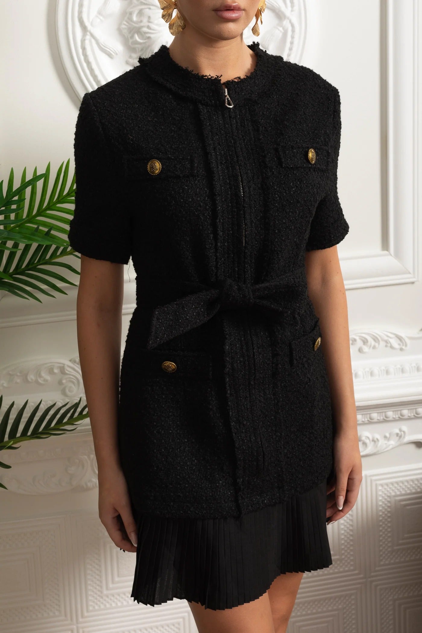 Short-Sleeved Belted Bouclé Mini Dress with Pleated Hem - Black