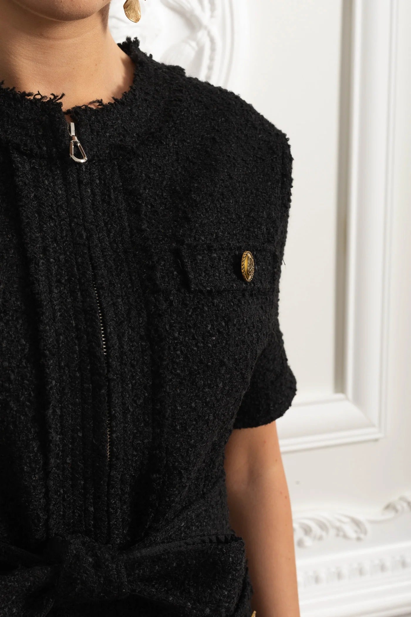 Short-Sleeved Belted Bouclé Mini Dress with Pleated Hem - Black