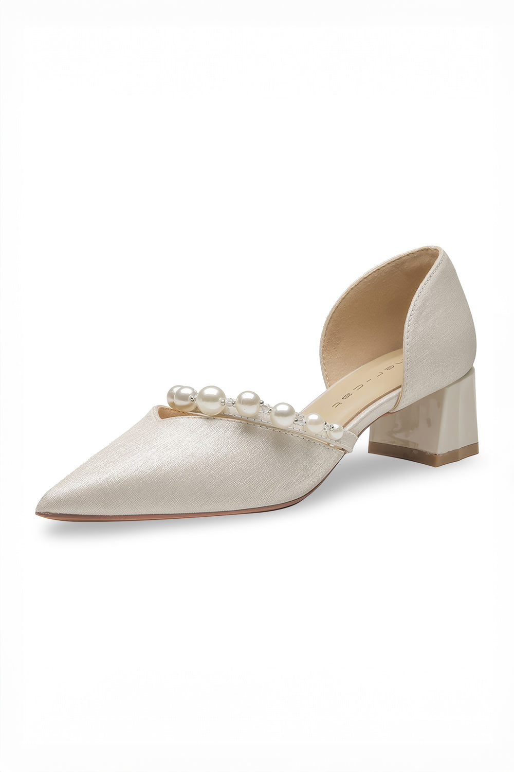 Pointed Toe Shoes with Pearl Strap and Block Heel - Apricot