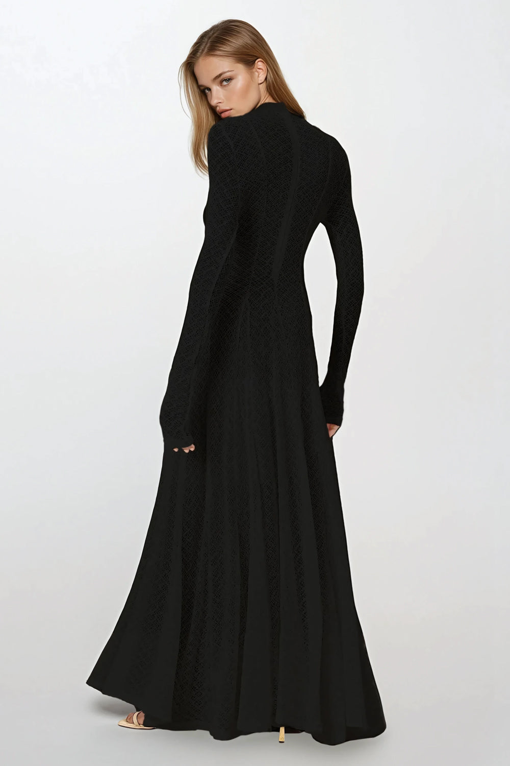 Long Sleeve High Neck Lace Maxi Dress - Black