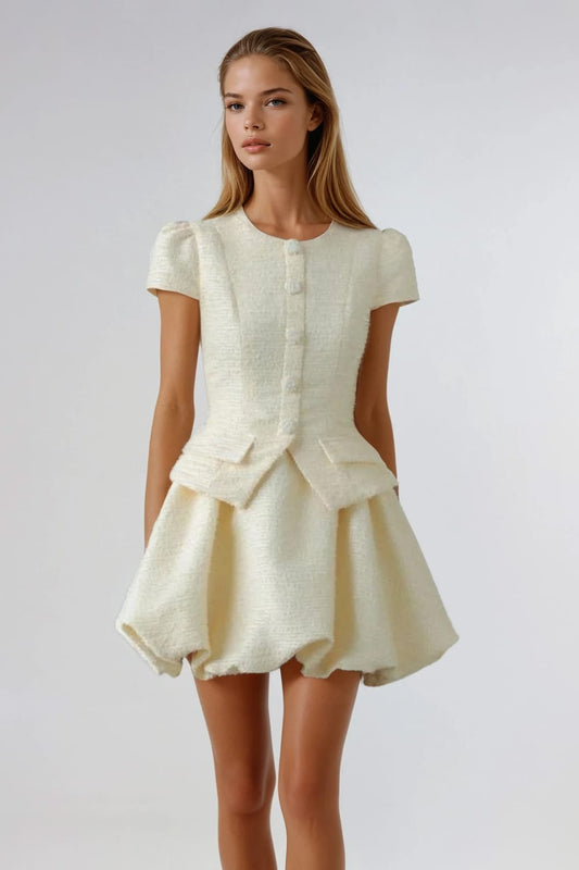 Short Sleeve Button Detail Mini Dress - Beige